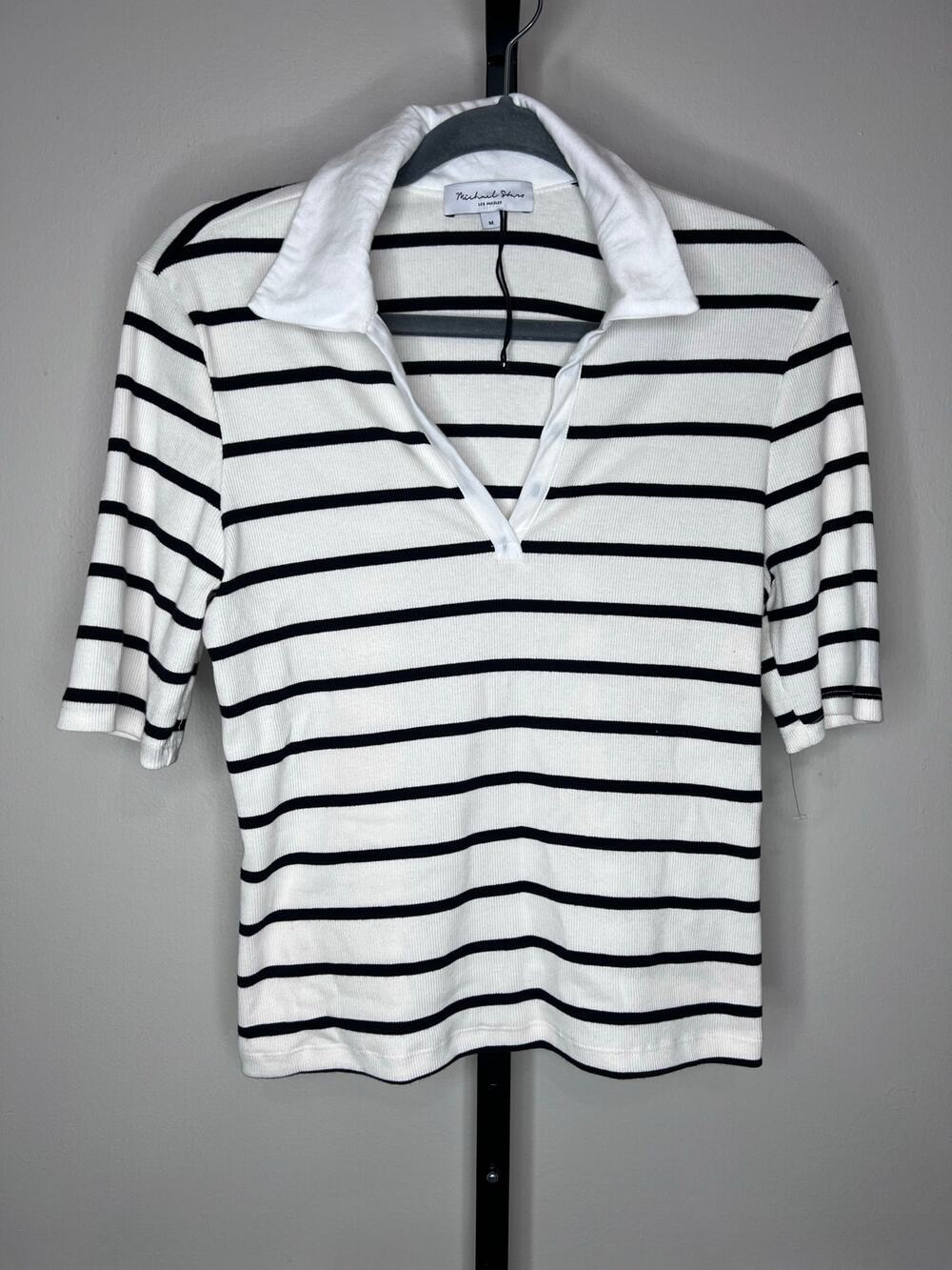 Michael Stars Mykonos Striped Ribbed Polo Top White Black USA NWOT Medium